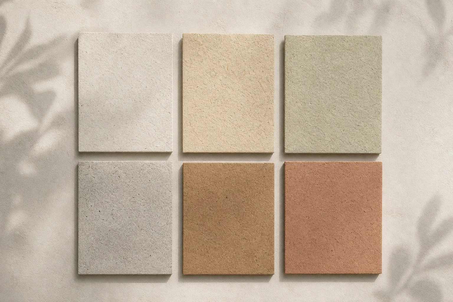 Six natural plaster samples: four hemp-lime finishes and two hemp-clay finishes